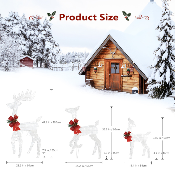3pcs家庭麋鹿 54*38*122cm 白色 铁架 棉线 葱粉 圣诞灯饰麋鹿 30V 30V,3.6W 庭院麋鹿装饰-3