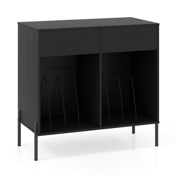 黑色唱片播放器存储架-可定制的乙烯基隔间、内置充电站、金属支腿和地板保护垫-2