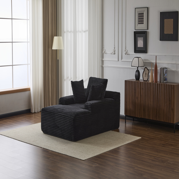 超大躺椅舒适云沙发，现代毛绒灯芯绒软垫沙发床，带 3 个抱枕和宽扶手，适用于客厅，无需组装，黑色-23