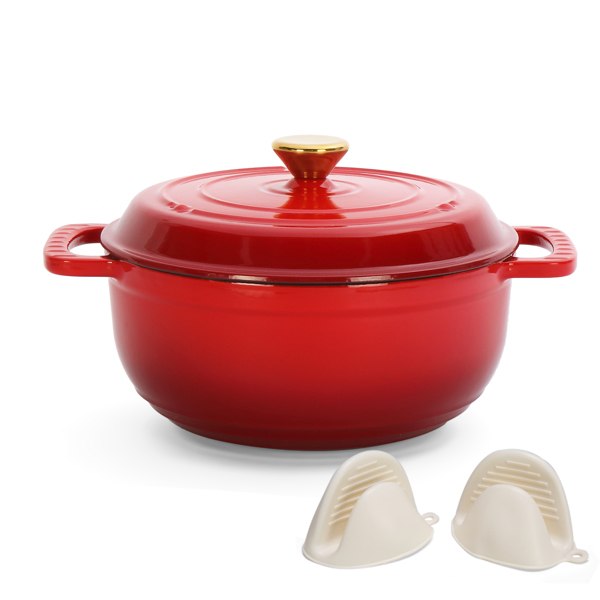 铸铁 5QT 烹饪锅具 红色渐变 含两个硅胶手套 珐琅锅-6