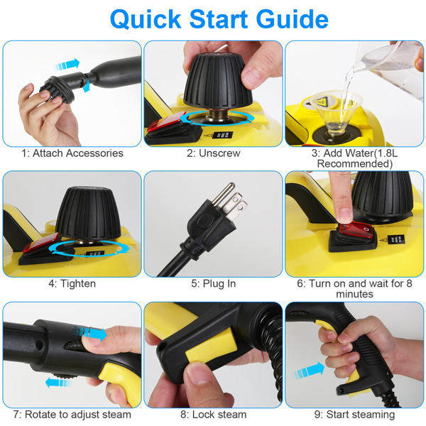 （物流随机发，自提可发加拿大）-1800W高压蒸汽清洁机 - 212℉无化学剂深度清洁，5巴加压，2升304不锈钢水箱，过热保护+16.83英尺电源线，多功能配件适用于家居/汽车/宠物区域-17