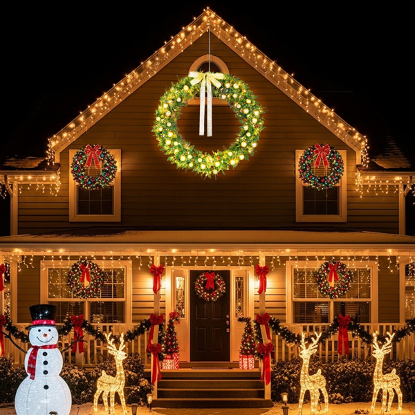 60in 浅绿色 花环 带蝴蝶结 松果 金色系配饰 600枝头 220LED暖白灯8模式  带遥控   PE+PVC 圣诞PVC花环 30V 3.6W 美规-2