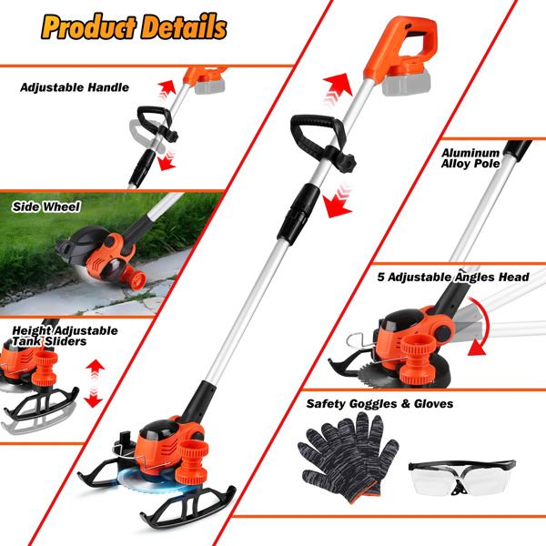 （物流随机发，自提可发加拿大）-无线轮式草坪修剪机 - 800W纯铜电机（15000转/分钟），2块21V 3000mAh电池，3种刀片（塑料/锯齿/不锈钢）及高度可调轮子-7