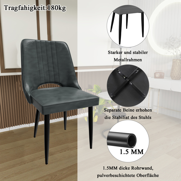 餐椅（一套 2 把），带高靠背的仿皮餐椅，带金属脚的现代厨房椅，适合客厅厨房的软垫餐桌椅-5