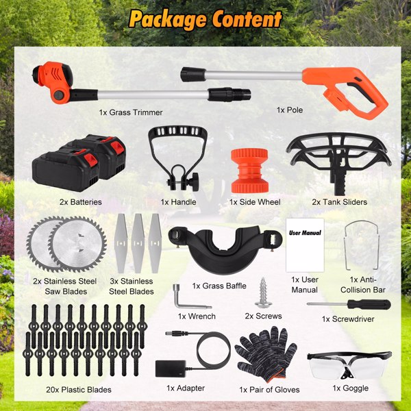（物流随机发，自提可发加拿大）-无线轮式草坪修剪机 - 800W纯铜电机（15000转/分钟），2块21V 3000mAh电池，3种刀片（塑料/锯齿/不锈钢）及高度可调轮子-10
