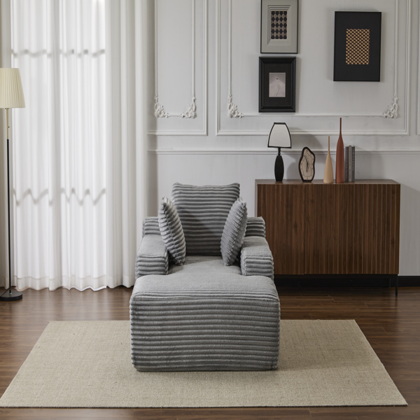 超大躺椅舒适云沙发，现代毛绒灯芯绒软垫沙发床，带 3 个抱枕和宽扶手，适用于客厅，无需组装，灰色-24