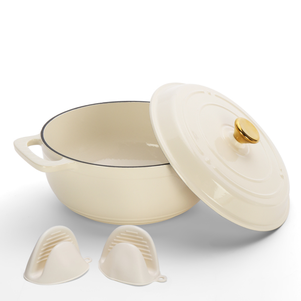 铸铁 5QT 烹饪锅具 陶瓷白 含两个硅胶手套 珐琅锅-4