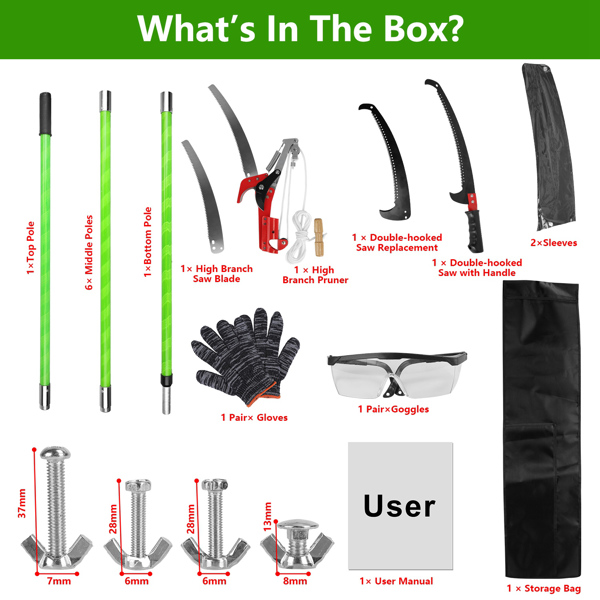 （物流随机发，自提可发加拿大）-二合一手动杆锯-SK5钢剪枝机，双钩锯片，牛津收纳袋+修剪树木的护目镜/手套-9