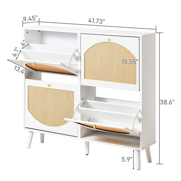 2排4个翻斗带高脚拱形藤面 鞋柜 刨花板+塑料藤 105*24*98cm 白色框架+原木色藤面+白色高脚 鞋柜-5