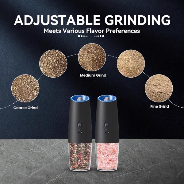 2台可充电的电动盐和胡椒研磨机，带有可调节粗糙度和LED灯的重力式电动盐胡椒研磨机，自动摇椒器,厨房单手操作香料研磨机,黑色2个（亚马逊物流禁止沃尔玛平台）-6