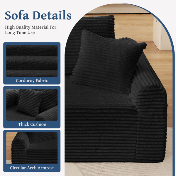 全压缩躺椅套装 - 模块化灯芯绒组合沙发，带拱形扶手、防滑底座，包含 3 个靠背垫和 2 个抱枕，右侧躺椅沙发-3