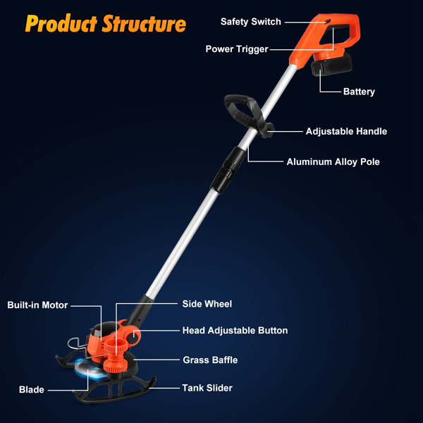 （物流随机发，自提可发加拿大）-无线轮式草坪修剪机 - 800W纯铜电机（15000转/分钟），2块21V 3000mAh电池，3种刀片（塑料/锯齿/不锈钢）及高度可调轮子-5