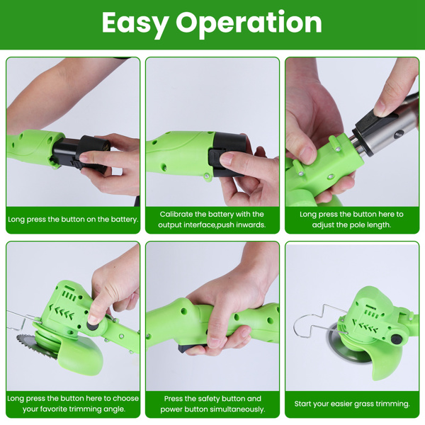 （物流随机发，自提可发加拿大）-无绳割草机，200W 1200mAh电池，3种刀片类型，长度和角度可调，适用于庭院/花园的轻型除草机 带充电电池 护目镜 手套-6