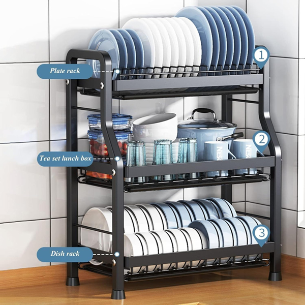 厨房收纳碗碟架立式储物碗碟筷子筒餐具碗盘置物架家用台面沥水架 R型碗碟架*三层全套（小号）配四钩筷子笼*黑色-2