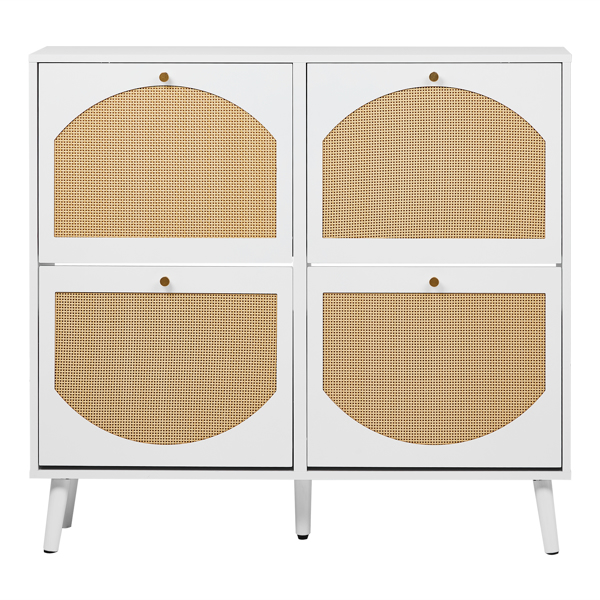 2排4个翻斗带高脚拱形藤面 鞋柜 刨花板+塑料藤 105*24*98cm 白色框架+原木色藤面+白色高脚 鞋柜-2