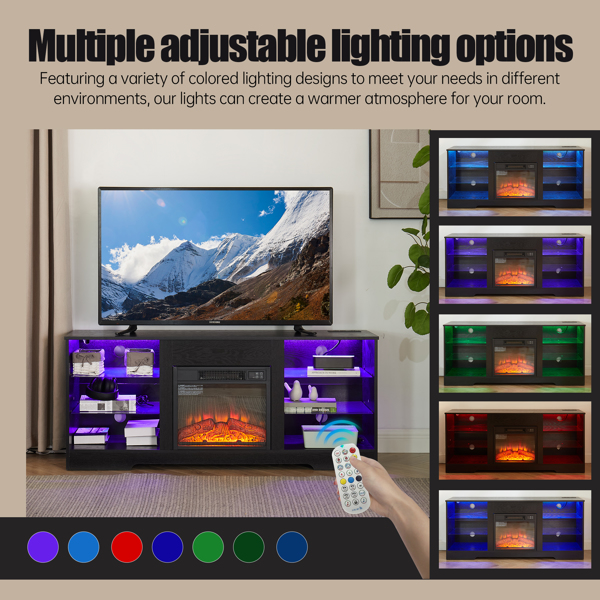电视柜 电壁炉电视柜带玻璃搁板，3D 壁炉电视柜带 LED 灯 木质带 USB 充电插座 现代电视桌中心 适用于最大 32-62 英寸的电视 黑色 58''W*15.4''D*24.4-12