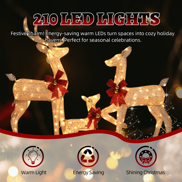 3pcs 4FT  香槟金色 家庭麋鹿 210LED暖白灯 闪粉网纹布 圣诞灯饰麋鹿 30V 3.6W-4