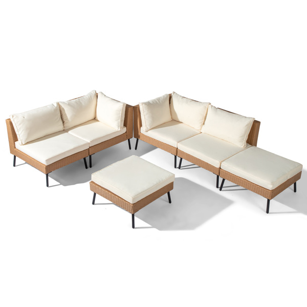 2pcs无扶手沙发+2pcs转角沙发+2pcs脚凳   铁脚 黄色藤条 白色垫子 编藤多件套-2