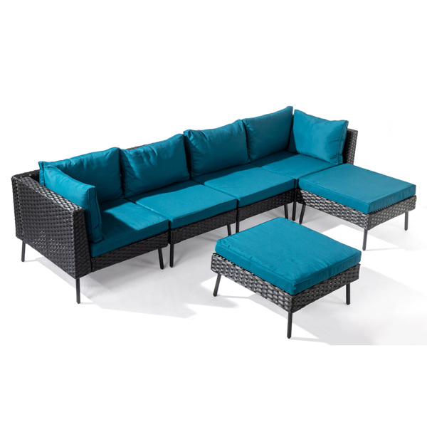 2pcs无扶手沙发+2pcs转角沙发+2pcs脚凳   铁脚 黑色藤条 孔雀绿色垫子 编藤多件套-1