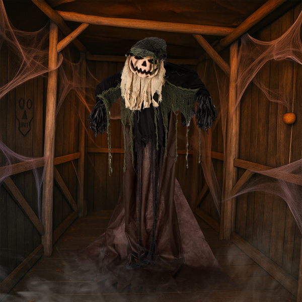 5.7ft  歪头南瓜人 眼睛红灯  歪头 鬼叫声 声控  电池款不含电池 万圣站立装饰-11