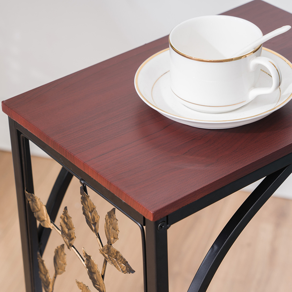 密度板 铁 拆装 单层 C型桌 边几 树叶款 桌面棕色 黑色喷塑 刷金树叶 30.5*21*54cm-19