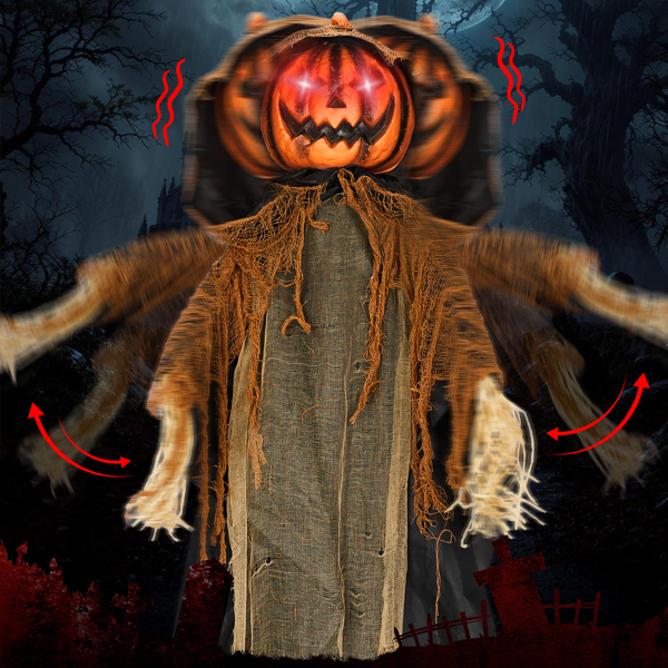 5.8ft  带帽南瓜人 眼睛红灯  头手动 鬼叫声 声控  电池款不含电池 万圣站立装饰-16