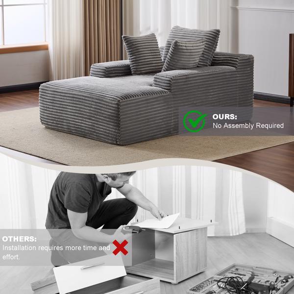 超大躺椅舒适云沙发，现代毛绒灯芯绒软垫沙发床，带 3 个抱枕和宽扶手，适用于客厅，无需组装，灰色-8