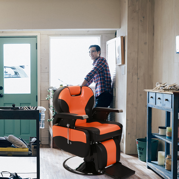 PVC皮套 木制扶手壳 铁搁脚 圆盘带搁脚 可放倒 理发椅 150kg 橙色-15