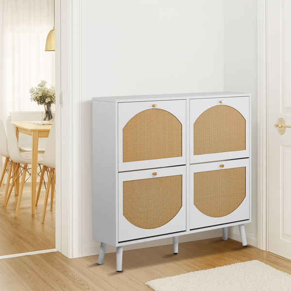 2排4个翻斗带高脚拱形藤面 鞋柜 刨花板+塑料藤 105*24*98cm 白色框架+原木色藤面+白色高脚 鞋柜-4