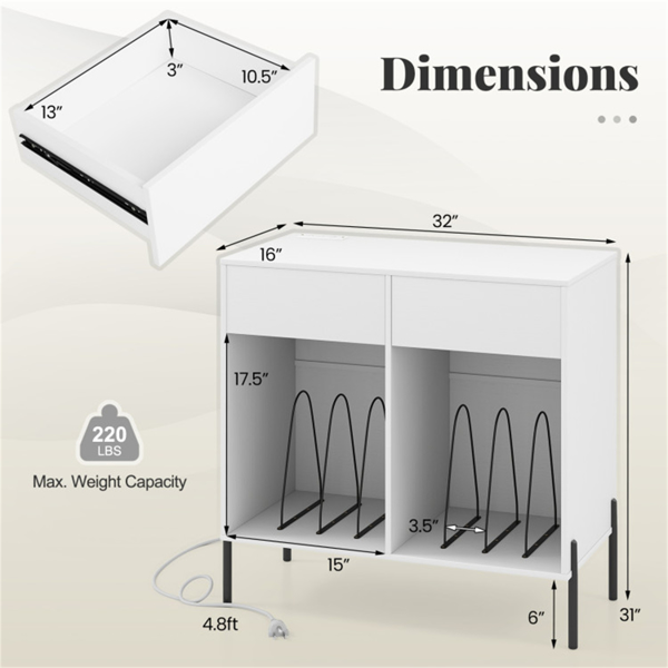 白色唱片播放器存储架-可定制的乙烯基隔间、内置充电站、金属支腿和地板保护垫-5