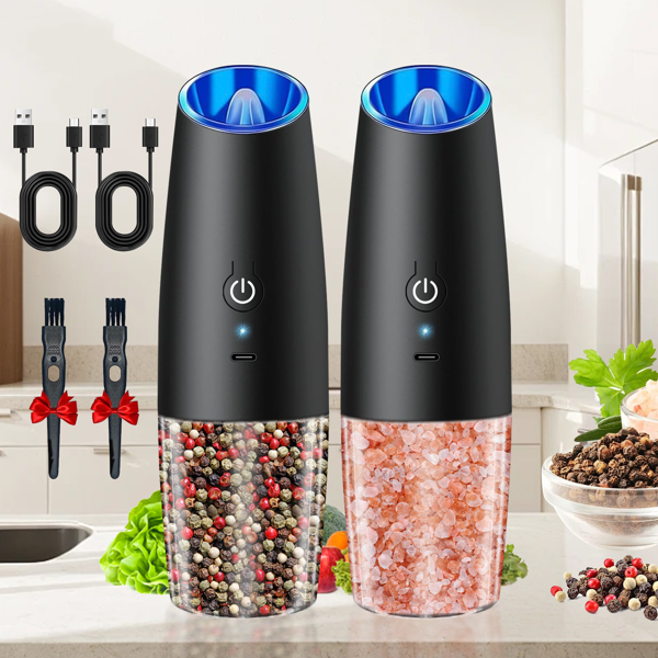 2台可充电的电动盐和胡椒研磨机，带有可调节粗糙度和LED灯的重力式电动盐胡椒研磨机，自动摇椒器,厨房单手操作香料研磨机,黑色2个（亚马逊物流禁止沃尔玛平台）-1