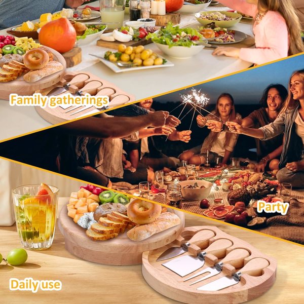 圆橡木盒4件套奶酪刀铲不锈钢芝士工具餐具芝士刀套装礼盒装 QX01A1104钢色-3