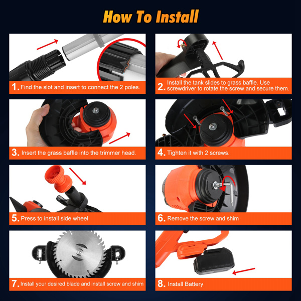 （物流随机发，自提可发加拿大）-无线轮式草坪修剪机 - 800W纯铜电机（15000转/分钟），2块21V 3000mAh电池，3种刀片（塑料/锯齿/不锈钢）及高度可调轮子-6