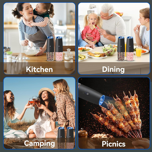 2台可充电的电动盐和胡椒研磨机，带有可调节粗糙度和LED灯的重力式电动盐胡椒研磨机，自动摇椒器,厨房单手操作香料研磨机,黑色2个（亚马逊物流禁止沃尔玛平台）-4