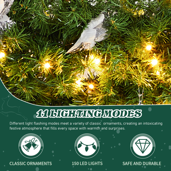 48in 浅绿色 花环 带铃铛 蓝银色配饰 450枝头 150LED冷白加暖白灯11模式 带遥控   PVC 圣诞PVC花环 30V 3.6W 美规-2