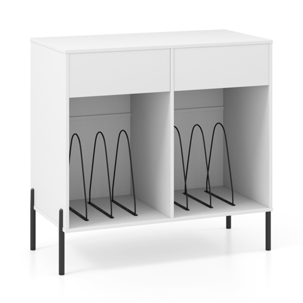 白色唱片播放器存储架-可定制的乙烯基隔间、内置充电站、金属支腿和地板保护垫-3