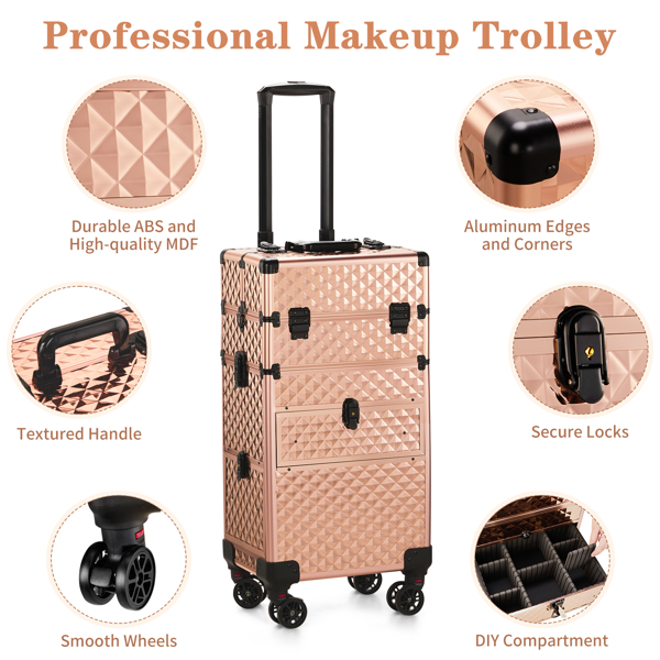 2合一带滑轨前抽 平面左抽可拆卸万向轮 铝制 钻石纹 香槟金 化妆箱 34*24*72.5cm-15