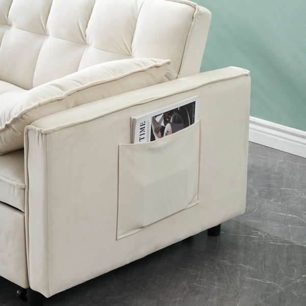 现代天鹅绒沙发、沙发拉出式床、带靠背的小型双人休闲沙发，配有枕头、口袋、客厅家具、三合一可转换睡眠沙发床。-12