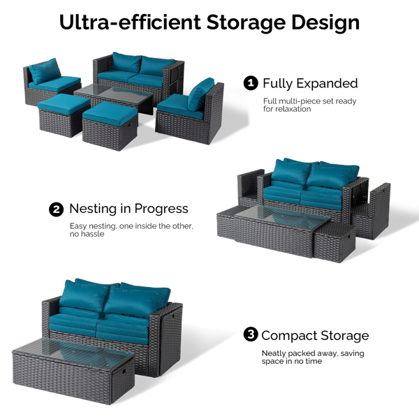 2pcs 无扶手沙发+2pcs 脚凳+1pcs 双人沙发+1pcs 茶几 可收纳 黑色藤条 孔雀绿垫子 编藤多件套-3