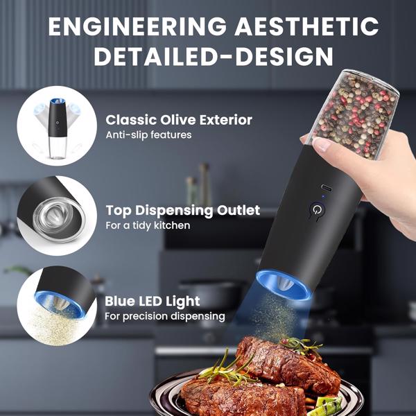 2台可充电的电动盐和胡椒研磨机，带有可调节粗糙度和LED灯的重力式电动盐胡椒研磨机，自动摇椒器,厨房单手操作香料研磨机,黑色2个（亚马逊物流禁止沃尔玛平台）-7