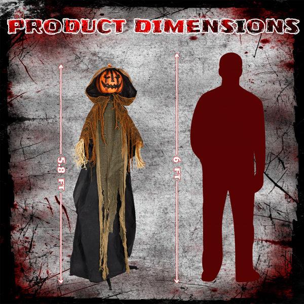 5.8ft  带帽南瓜人 眼睛红灯  头手动 鬼叫声 声控  电池款不含电池 万圣站立装饰-8