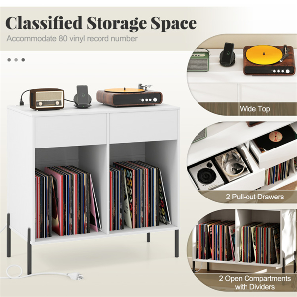 白色唱片播放器存储架-可定制的乙烯基隔间、内置充电站、金属支腿和地板保护垫-9