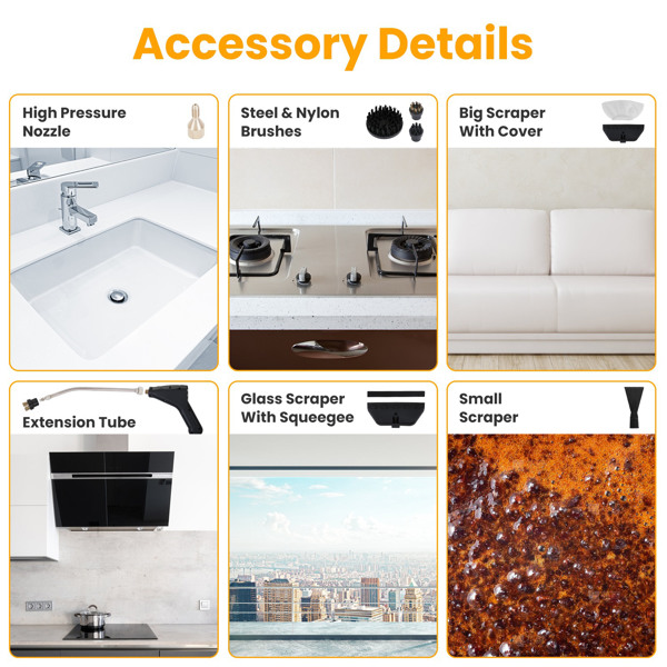 （物流随机发，自提可发加拿大）-手持蒸汽清洁器，1500W高温高压快速加热，6档可调蒸汽强度，1200毫升大容量水箱，双控数字显示屏，11合1清洁套装适用于家居、厨房、汽车及地板清洁-5