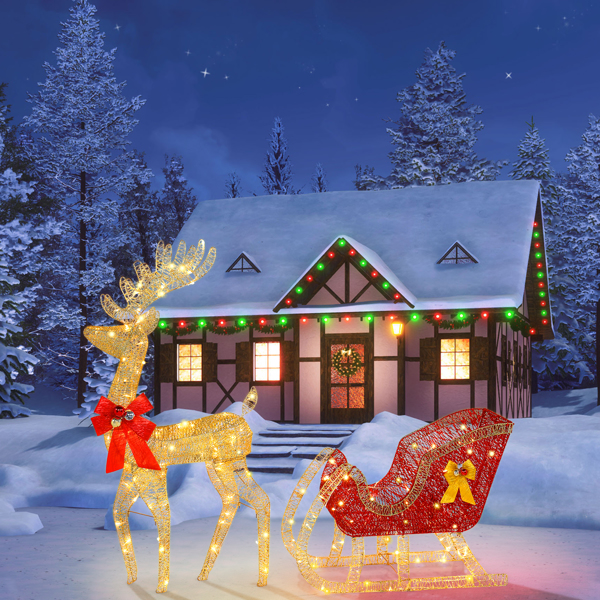 74*20*120cm 金色麋鹿 鹿拉雪橇 铁架 棉线 葱粉 圣诞灯饰麋鹿 30.00V 30.00V,3.60W 庭院 北美-12