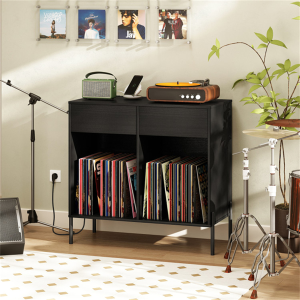 黑色唱片播放器存储架-可定制的乙烯基隔间、内置充电站、金属支腿和地板保护垫-10