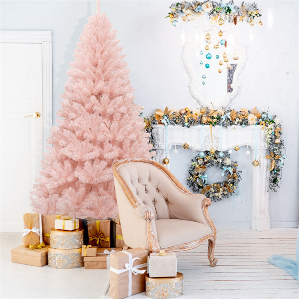 7英尺粉红色人造圣诞树铰链全枞树，带金属支架-8