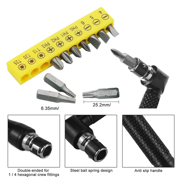 黑色软轴软管25mm十孔批头长短金属拐角器L扳手连接转换角度工具 (黑软轴+黑大拐+L黑扳手+黑小拐+黄批头)-3