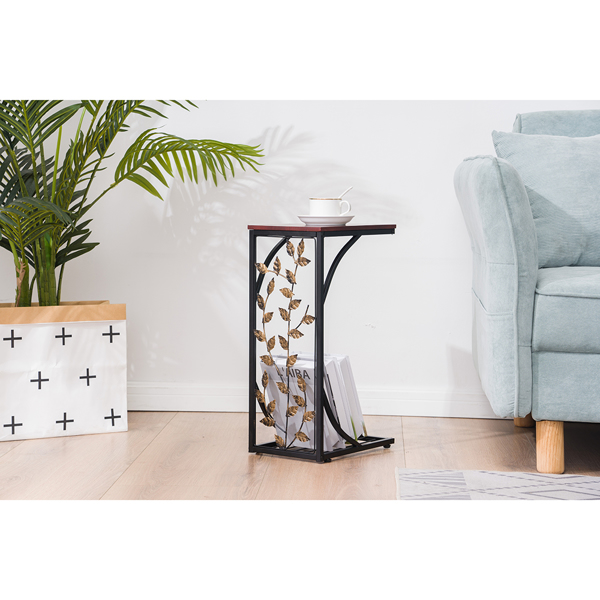 密度板 铁 拆装 单层 C型桌 边几 树叶款 桌面棕色 黑色喷塑 刷金树叶 30.5*21*54cm-5