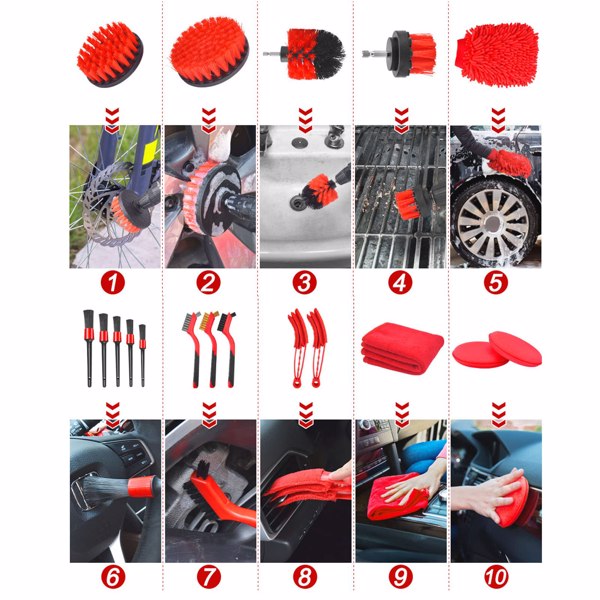 洗车清洁刷18件套电钻刷清洁套装猪鬃木柄圆头细节刷 汽车清洁套装-6