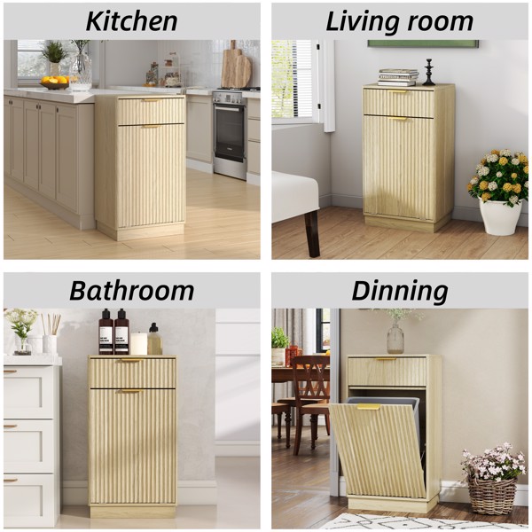 10加仑木纹倾斜式垃圾桶柜，带波浪纹理抽屉和拉出式垃圾桶 - 橡木饰面多功能厨房/浴室收纳柜-3